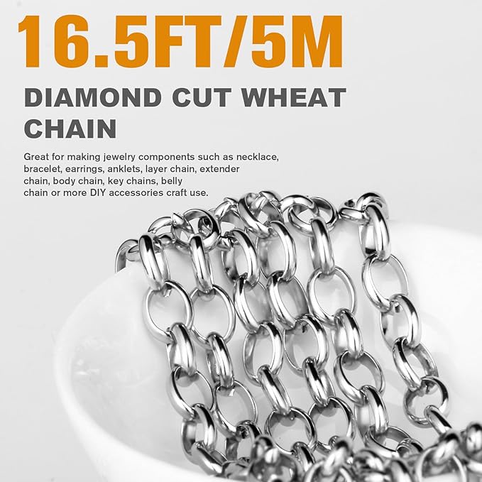 16.5FT Stainless Steel Oval Rolo Chains Roll, 5.5mm Width 304 Stainless Steel Oval Cable Link Chain Bulk Spool for Jewelry Making DIY Craft