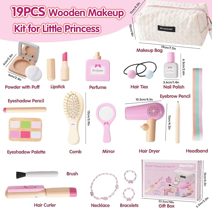 Wooden Makeup Toy Set for Toddler,Kids Pretend Play,Children Role Play Toys,Fake Cosmetics Salon Toys,Princess Dressup Accessories with Bag Birthday Gift for Girls 3 4 5 6