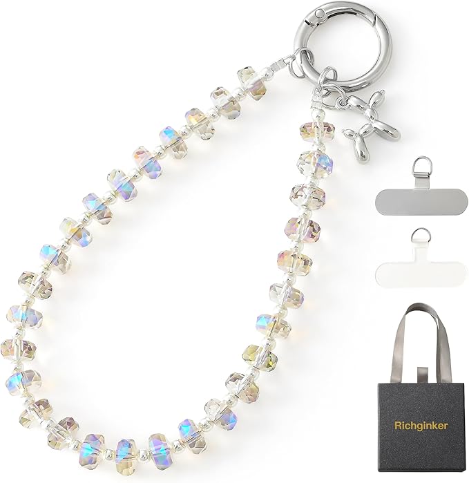 Crystal Phone Wrist Strap Phone Charm Chain Keychain Beaded Cellphone Lanyard with Tether Tab Hands-Free Wristlet Bracelet Wrist Grip Strap for Women, W-Light Purple