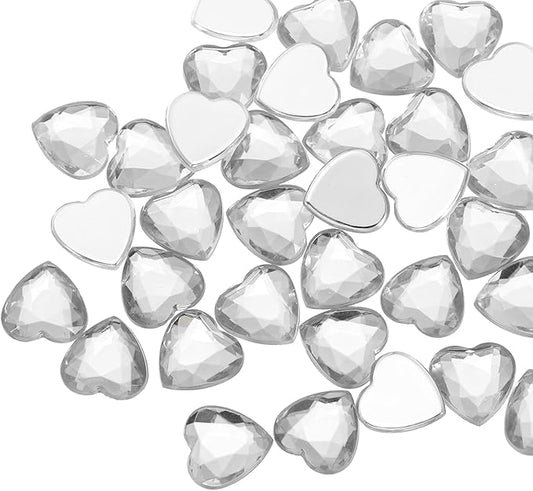 MECCANIXITY 40 Pcs Acrylic Heart Rhinestone 12mm Flat Back Plastic Gems Jewelry Stickers for Craft Bead Face Painting Costume Jewelry Making, Transparent White