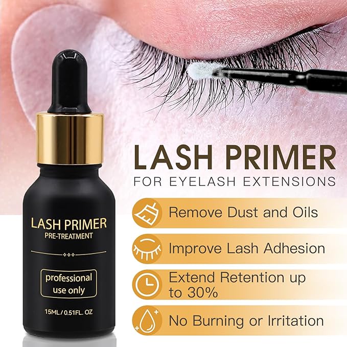 Miuffue Lash Bonder Primer and Shampoo Kit for Eyelash Extensions, Glue Accelerator Lash Sealant, Pre-treatment Primer Protein Oil Cleanse Remover, Makeup Tools for Professional Use (15ml+15ml+60ml)