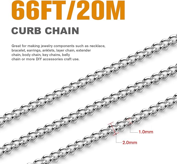 [66 Feet/ 20M] Stainless Steel Curb Chain, 2mm 304 Stainless Steel Chains Flat Twisted Links Curb Chain Bulk for Jewelry Making DIY Craft