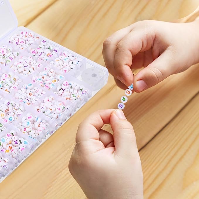 1 Box Compartment Alphabet Beads for Bracelets Making with Loose Letter Beads and Crystal Elastic String DIY Jewelry Kit for Necklaces Keychains and