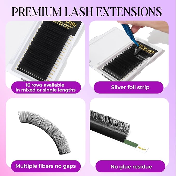 SAIGON LASH Eyelash Extensions, Mink Lash, Volume & Classic Lashes for Professionals, J/B/C/CC/D/L/M Curl, 4-15mm Length, Soft Korean PBT Fiber, 16 Rows Lash Tray (Black-D-0.1-10mm)