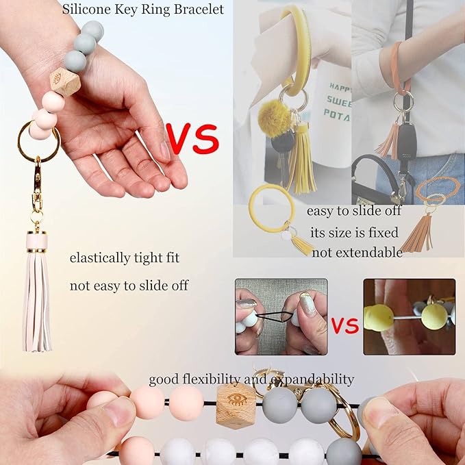 BIHRTC Key Ring Bracelet Car Keychain Holder Wristlet Silicone Women Beaded Bangle Chains