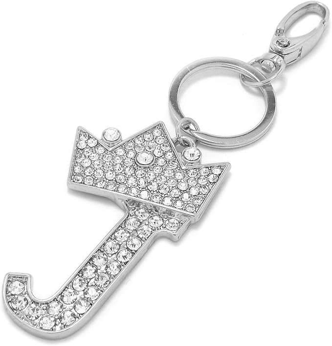 CBC Crown Crystal Rhinestone Letter Initial Keychain, Gold Metal, Bag Charm with Key Ring Approx. 2.17" x 2.56"