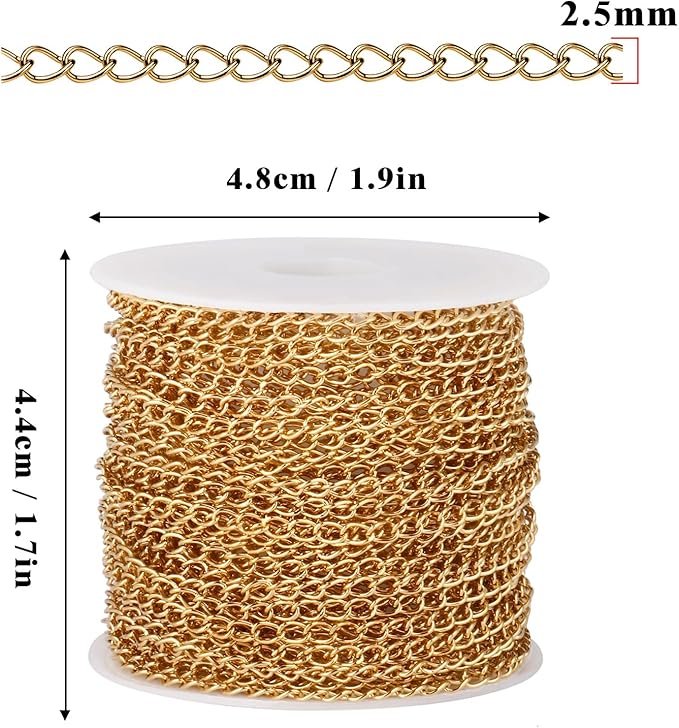 33 Feet 18K Gold PVD Plated Stainless Steel Curb Chain Bulk, 2.5mm 304 Stainless Steel Extension Chain Twisted Link Curb Chains Bulk for Jewelry Making DIY Craft