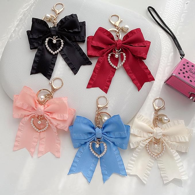 Ribbon Bowknot Bag Charms, Cute Pearl Heart Keyring Holder Purse Hanging Decorations Bag Handbag Pendant
