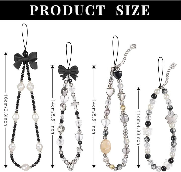 Draupnir 4pcs Phone Charms Strap, Butterfly Bow Camera Strap Wrist Beaded Phone Bracelet Wrist Straps, Pearl Bracelet Lanyard Keychain Charm for Women