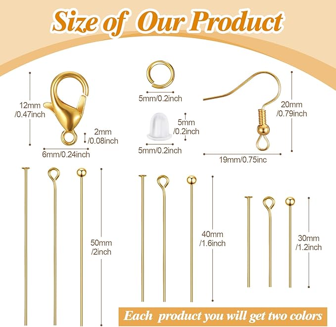 HyDren 2600 Pcs Jewelry Making Supplies Eye Flat Head Ball Pins Lobster Clasps Jump Rings Earring Hooks Backs Set Jewelry Making Findings Accessories Kit for Earring Bracelet DIY Crafts(Gold, Silver)