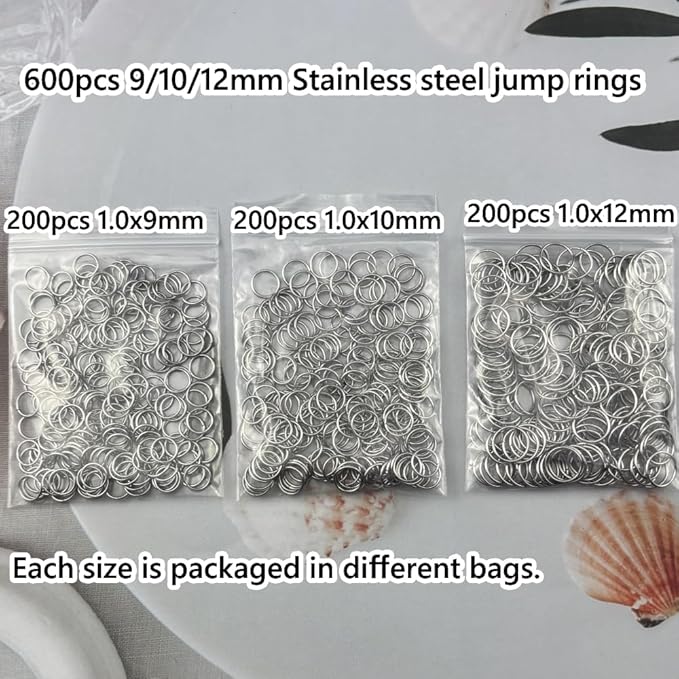 600pcs 9mm 10mm 12mm Stainless Steel Jump Rings Connector Rings for DIY Craft Jewelry Making Necklaces Bracelet Earrings Keychains