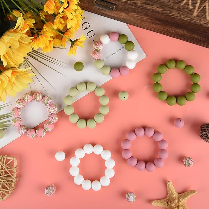 ASTARON 100 Pcs 15mm Silicone Beads for Keychain Making, Pink Green White Beads Bulk Round Beads for Bracelets Crafts Beadable Pens Decorations Jewelry Making Party Favors Supplies