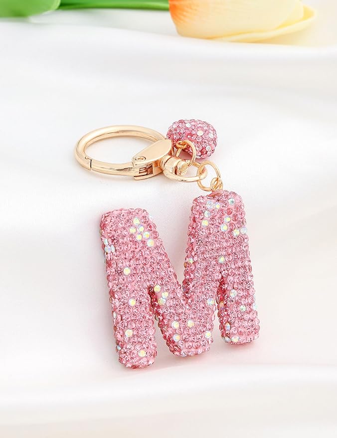 Initial Keychain for Women Girls,Bling Letter Key chain Initial with Heart,Pink Keychain Charms for Backpack Handbag