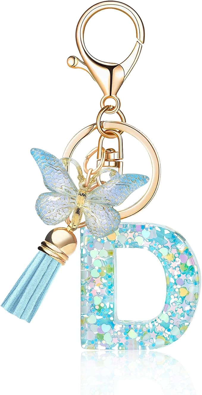 Fashion Alphabet Initial Letter Keychain Tassel Butterfly Pendant Key Ring for Purse Handbags Women Girl