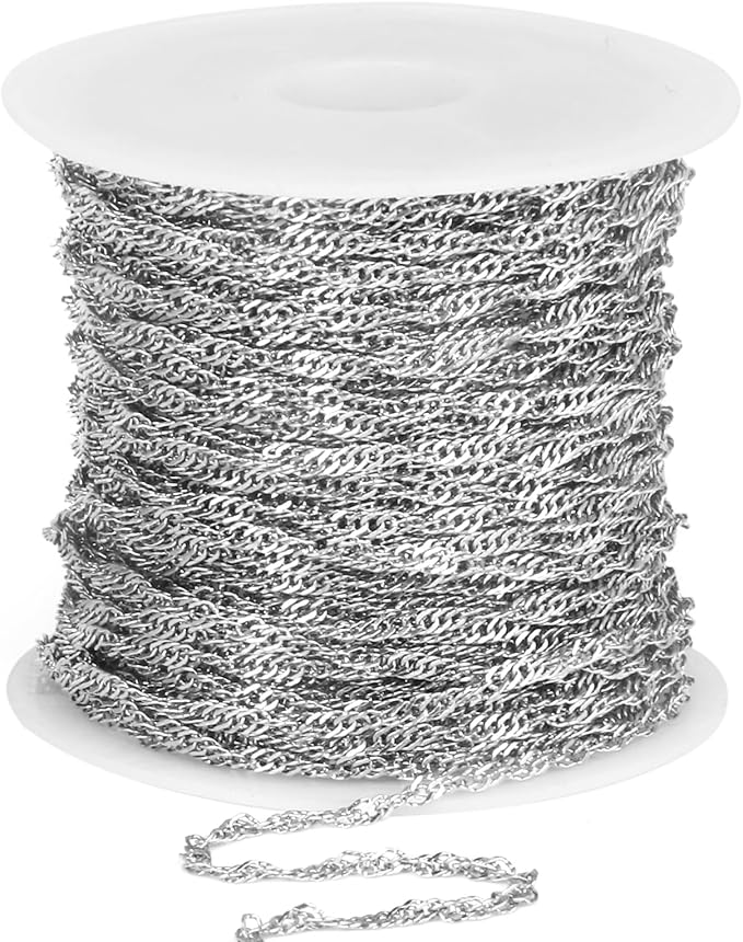 33 Feet Stainless Steel Singapore Chains Roll, 1.7mm Width 304 Stainless Steel Twisted Link Chain Bulk Spool for Jewelry Making DIY Craft