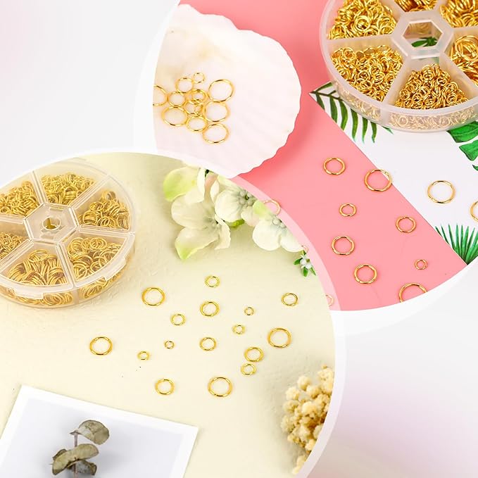 1000pcs Open Jump Rings, Metal O-Ring Plated Round Ring Connectors 6 Sizes Gold Open Jump Rings for Choker Necklace Keychains Bracelet Chain, DIY Making Jewelry Making Findings and Repair
