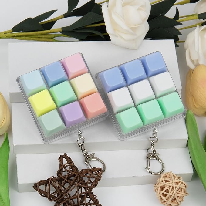 2 Pack 9 in 1 Keyboard Fidget Toy, Keyboard Fidget Keychain Anti-Stress Keyboard Decompression Button Finger Clicker Toys Stress Relief Fidget Gifts (Macaron,White)