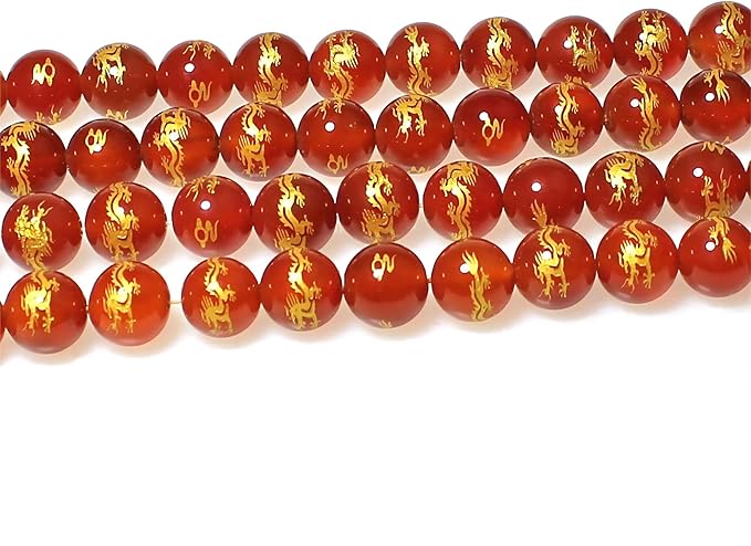 MJDCB Natural Stone Beads 8mm 43pcs Round Red Agate Carved Dragon Loose Gemstone Bead Charms for Jewelry Making Bracelet Necklace Earring Pendant