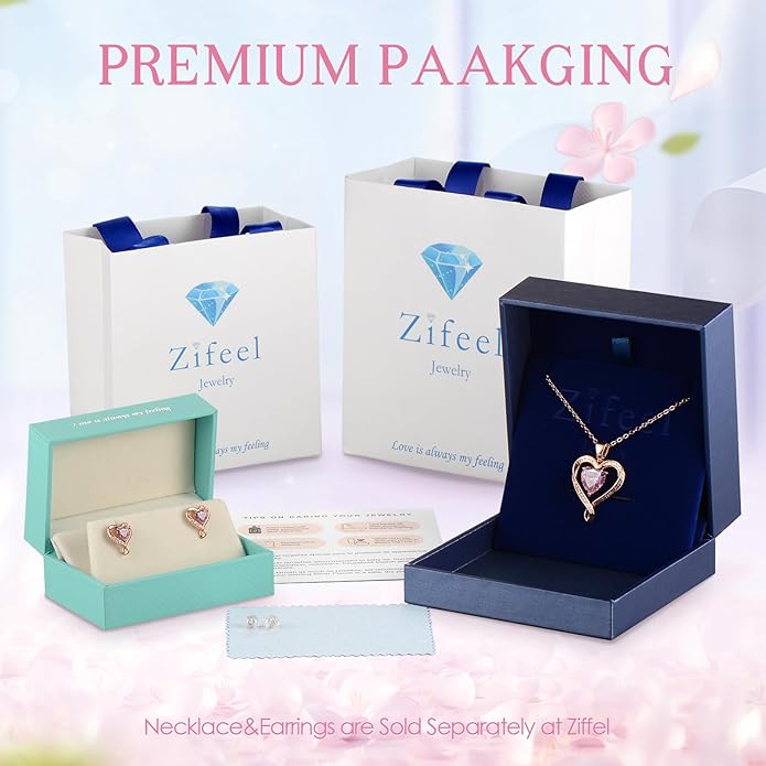 Zifeel Earrings for Women, S925 Sterling Silver Rose Gold Birthstone Heart Studs Earring for Girlfriend Wife, Anniversary Birthday Christmas Valentines Mothers Day Gifts Jewelry for Women Wife Her Mom