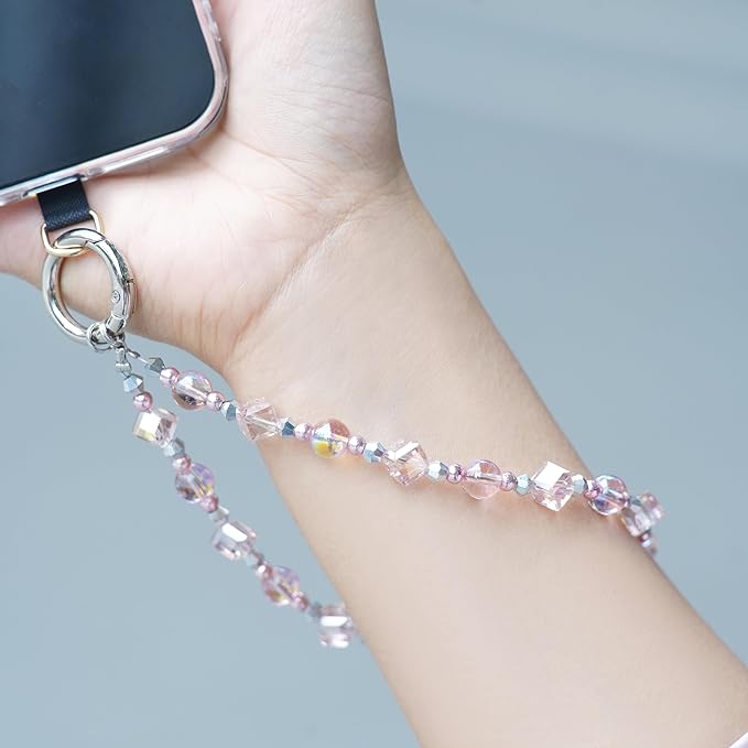 Cell Phone Wrist Strap Crystal Beaded Phone Bracelet Strap For Women Sparkling Beads Wristlet Lanyard Beaded Chain (Sakura Pink)