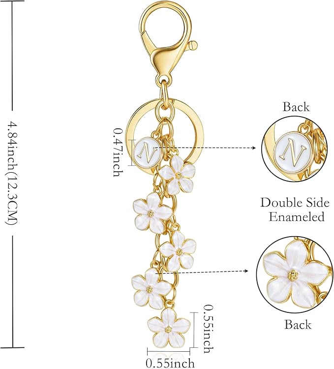 XGALBLA White Pink Black Cute Initial Letter Keychain for Women, Flower Bag Charms Enamel Keyring for Handbag Backpack