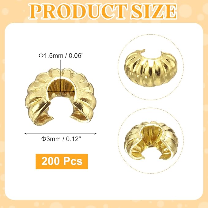 uxcell 200 Pcs Crimp Bead Covers, 3mm/0.12" Half Round Open Crimp Beads Knot Cover, Small Loose Beads End Tip Caps for Bracelet Jewelry Making Craft DIY, Gold