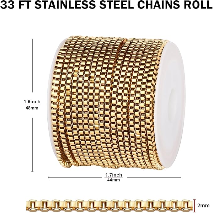 33FT Gold Box Chain for Jewelry Making 2MM Gold PVD Plated Staianless Steel Square Box Chain Roll Bulk for DIY Crafts Jewelry Making