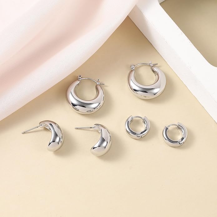HILXURY Gold Chunky Hoop Earrings Set for Women, 14K Gold Plated Twisted Huggie Hoop Earring Hypoallergenic, Thick Open Hoops Set Lightweight