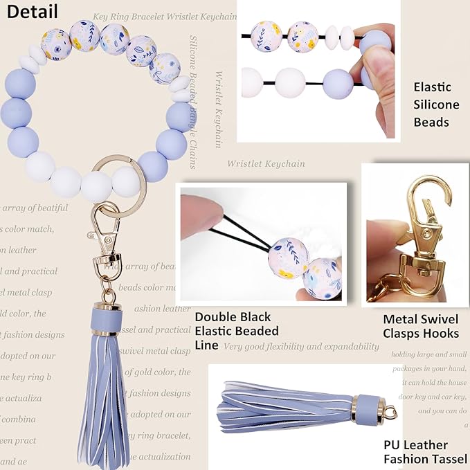 BIHRTC Key Ring Bracelet Car Keychain Holder Wristlet Silicone Women Beaded Bangle Chains