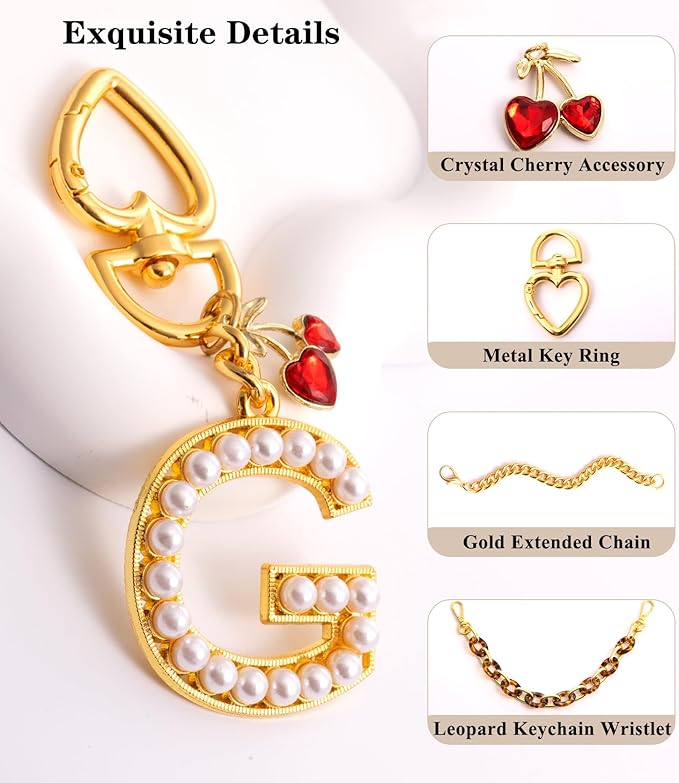 Pearl Initial Keychain with Leopard Bag Charms Wallet Chain Women Cute Alphabet Keychains Charm for Purse Handbag