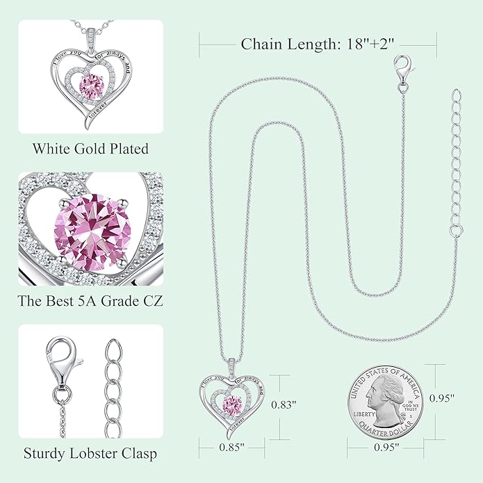 S925 Sterling Silver Necklace for Women, Valentines Day Gifts for Her, Love Heart Birthstone Necklaces for Women, Wife Jewelry, Mom Birthday Valentines Mothers Day Gifts, Girlfriend Necklaces, Daughter Heart Jewel, Anniversary for Her