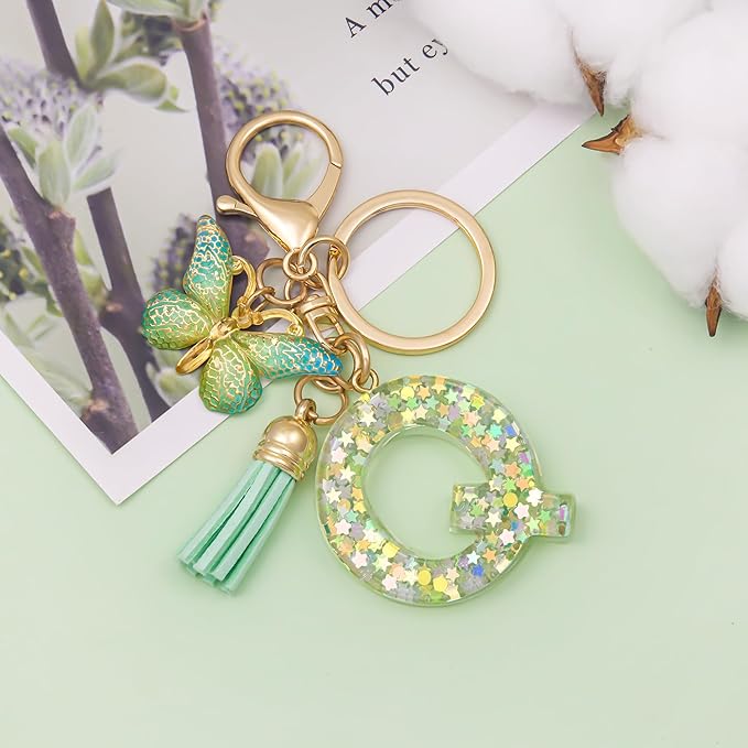 Fashion Alphabet Initial Letter Keychain Tassel Butterfly Pendant Key Ring for Purse Handbags Women Girl