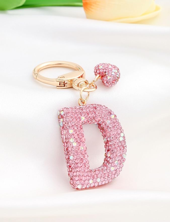 Initial Keychain for Women Girls,Bling Letter Key chain Initial with Heart,Pink Keychain Charms for Backpack Handbag