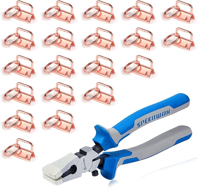 SPEEDWOX 20 Pcs 1" Rose Gold Key Fob Hardware Set, 8 Inches Glass Breaking Pliers with Rubber Tips, for Wristlet Keychain Key Lanyard Making
