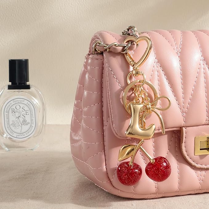 Snycler Bubble Initial Keychain with Cherry & Bow - Gold Letter Bag Charms for Women, Cute Purse Handbag Accessories