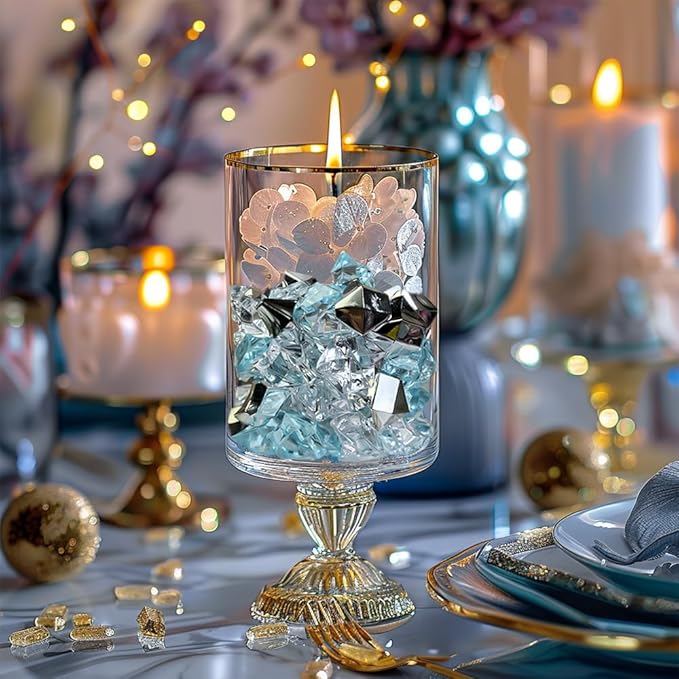 HappyFiller Christmas Vase Fillers,14 OZ Clear,Sea Blue,Silver Mix Color Fake Ice Rocks Cubes Acrylic Gems Stones for Winter Decorations,Wedding Centerpieces Table Scatters,Crafts,Home Accents
