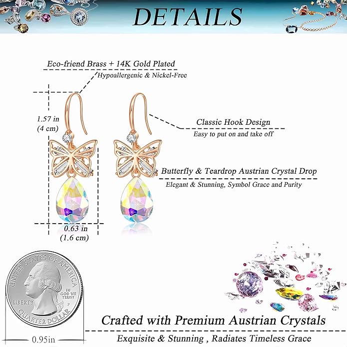 Austrian Crystal Teardrop Butterfly Drop Dangle Earrings for Women 14K Rose Gold Plated Hypoallergenic Jewelry
