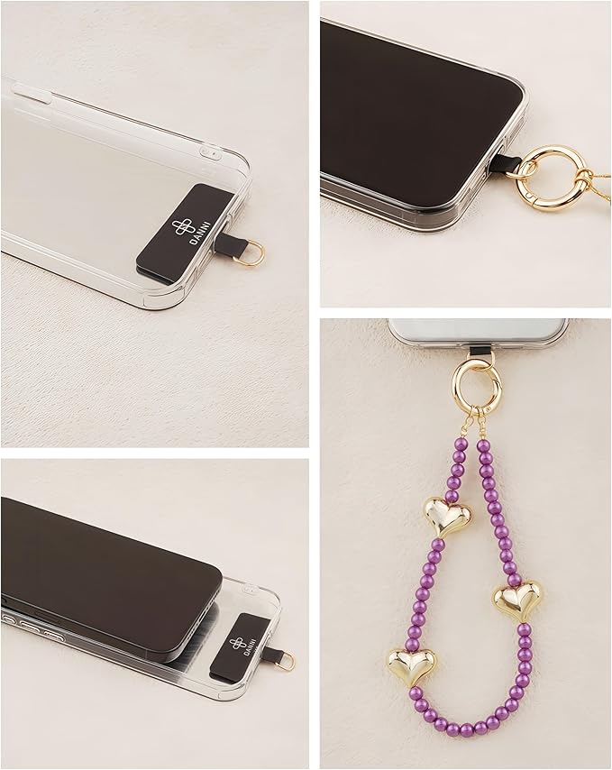 Beaded Phone Wrist Strap for Women Pearl Wristlet Strap Cute Phone Lanyard Golden Heart Shaped Bead Cellphone Chain (Rose Purple)