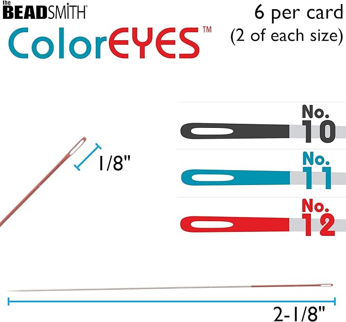 The Beadsmith ColorEYES Beading Needles, 6pc Assortment, 2 ea - Size 10,11 & 12, Colored Tips for Easy Identification, Use for Loom Weaving Bead Work, Off-Loom Stitch & Jewelry Making w/Seed Beads