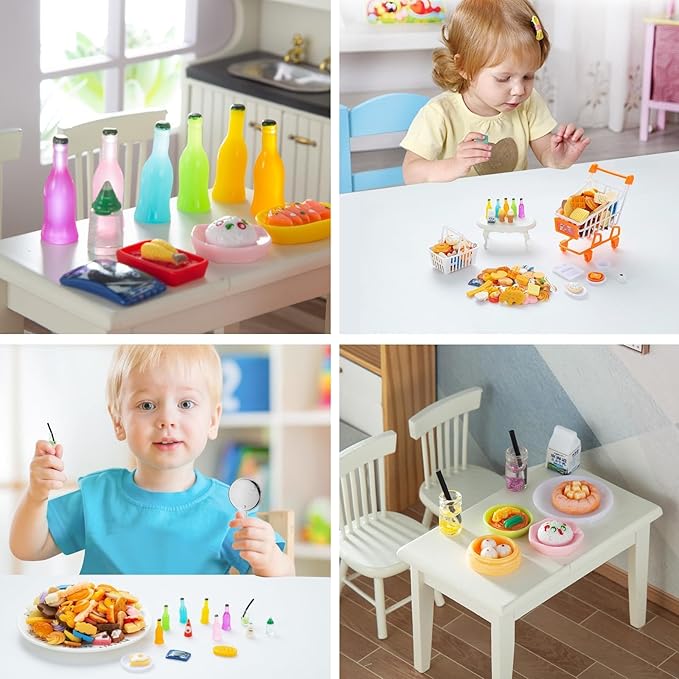 150Pcs Miniature Food Drinks Bottle Toys Mixed for Dollhouse Kitchen Accessories Mini Play Fake Resin Pretend Game Party Tableware 1/12 Doll House Bread Cake Models Micro