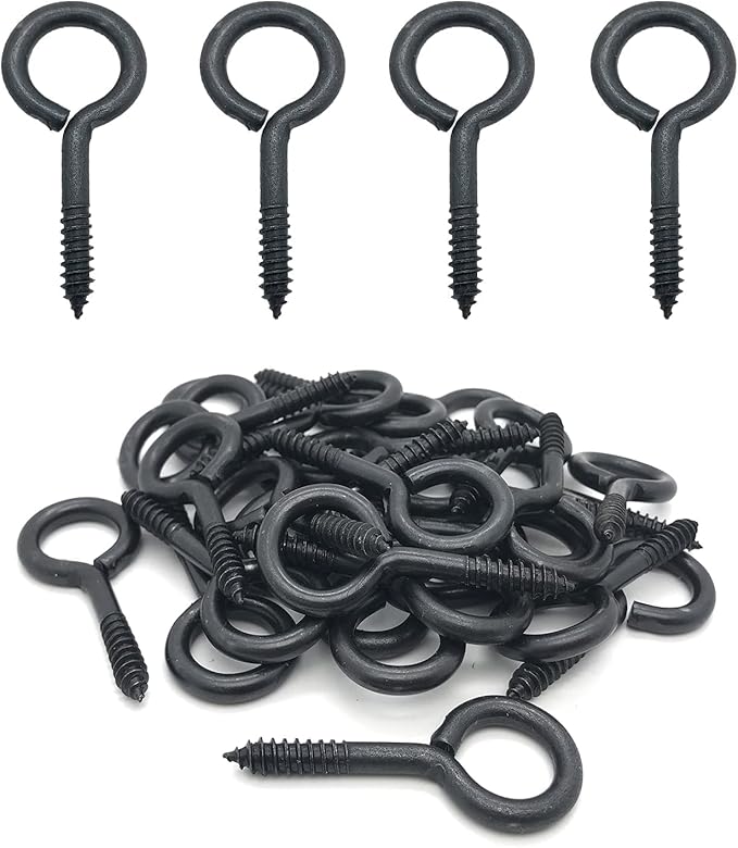 Screw Eyes, 2 Inch Metal Eye Hook, Zinc Plated Self Tapping Screw Hooks Ring, Eyelet Screws Black 30 Pcs
