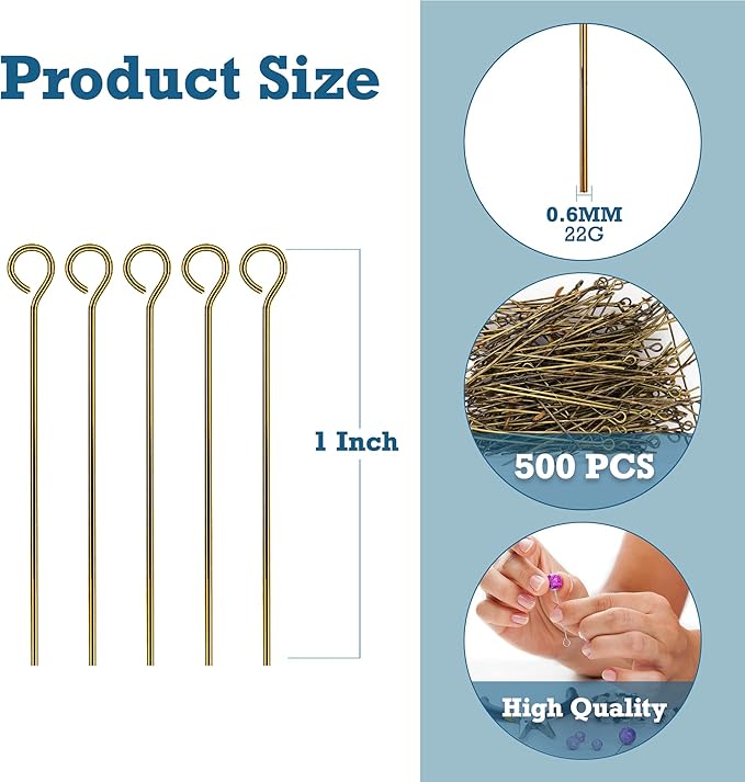 Mandala Crafts 500 1 Inch Antique Brass Eye Pins for Jewelry Making Earring Making Supplies Jewelry Findings Open Eye Head Pins for Earrings DIY Bracelets Rosary Charms