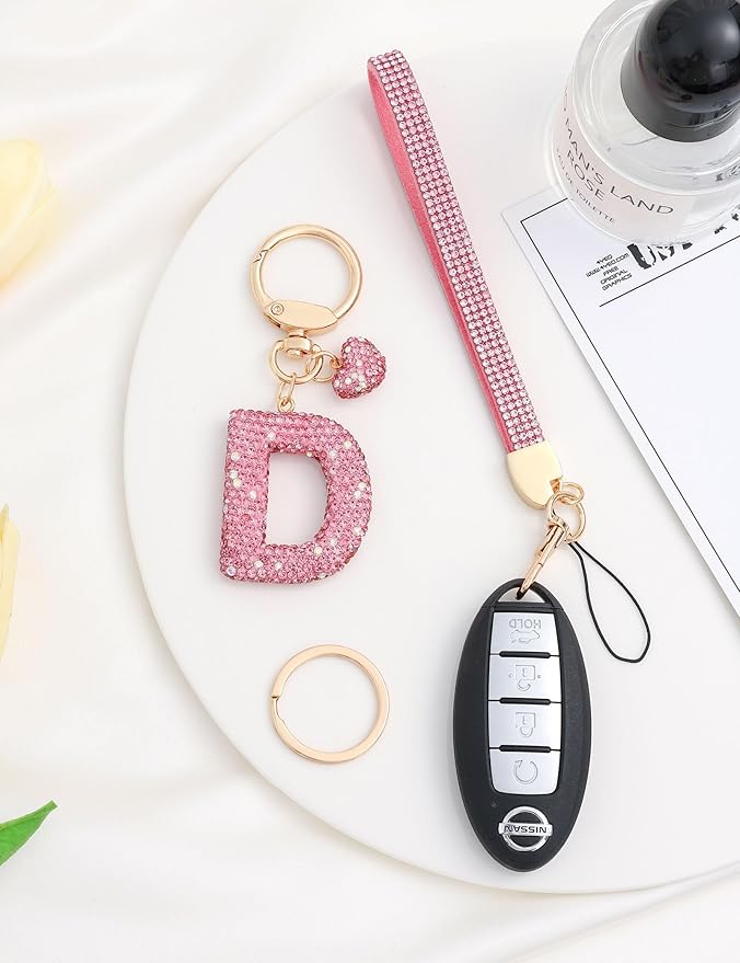 Initial Keychain for Women Girls,Bling Letter Key chain Initial with Heart,Pink Keychain Charms for Backpack Handbag