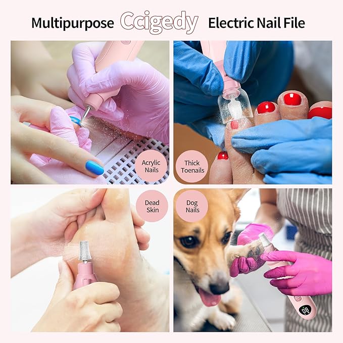 Ccigedy Professional Manicure Pedicure Electric Nail File for Thick Nails Hand Feet Care,Cordless Toenail Grinder 15 Speed,Nail Drill with LCD Screen,Ideal Valentine's Day Gift for Women/Men-Pink