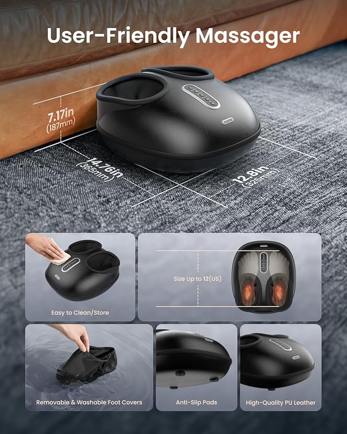 RENPHO Foot Massager with Heat, [2026 Upgraded] Birthday for Women Men Elderly, FSA Eligible Shiatsu Foot Massager for Plantar Fasciitis, Deep-Kneading, Air Squeezing Feet Massager, Size 12 BK