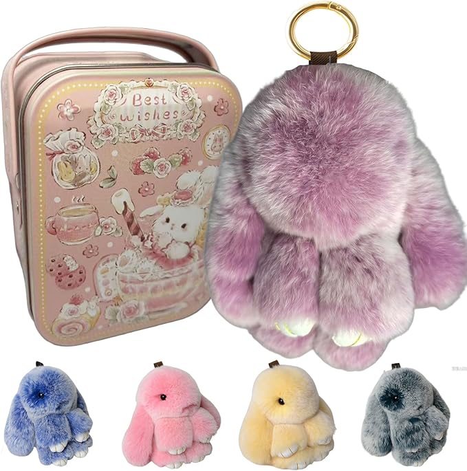 Bunny Keychain with Tin,Bunny Handmade Soft Pompom Charms,Fluffy Keychain Accessories for Womens