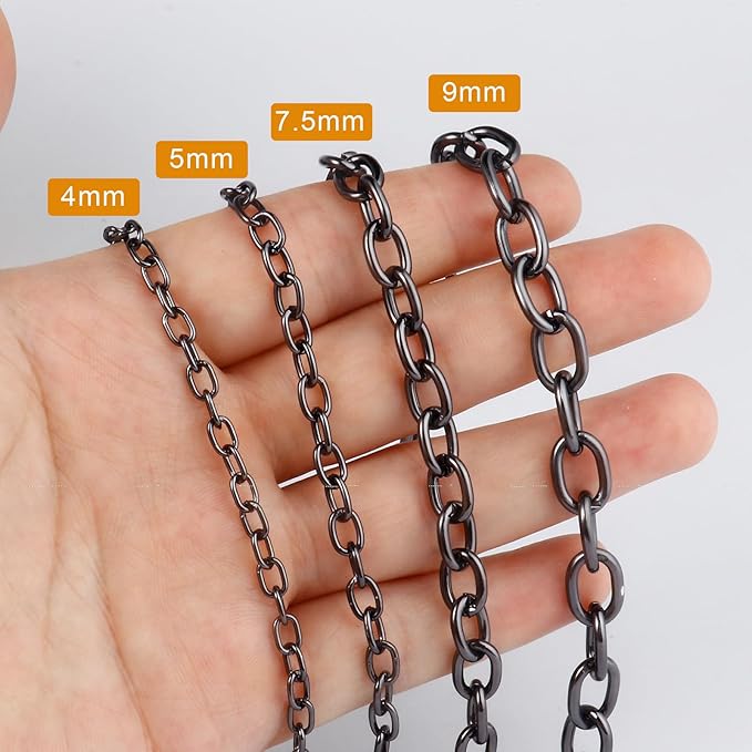 33 Feet Black Rolo Cable Chains Roll, 4 MM Black Plated Aluminium Oval Cable O Links Chain Bulk Spool for Jewelry Making DIY Craft