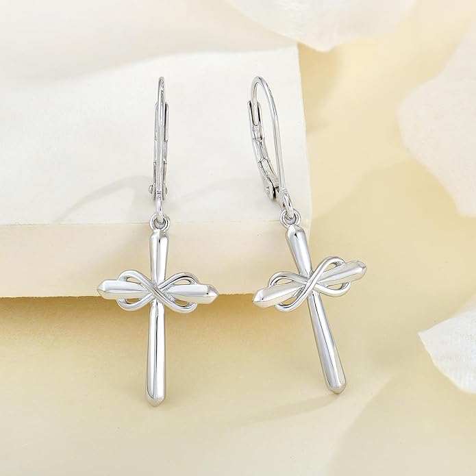 Starchenie Infinity Cross Earrings for Women 925 Sterling Silver Polished Cross Leverback Earring Crucifix Jewelry