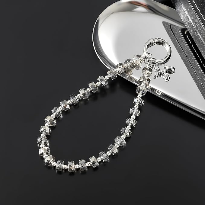 Crystal Phone Wrist Strap Phone Charm Chain Keychain Beaded Cellphone Lanyard with Tether Tab Hands-Free Wristlet Bracelet Wrist Grip Strap for Women, W-Gray