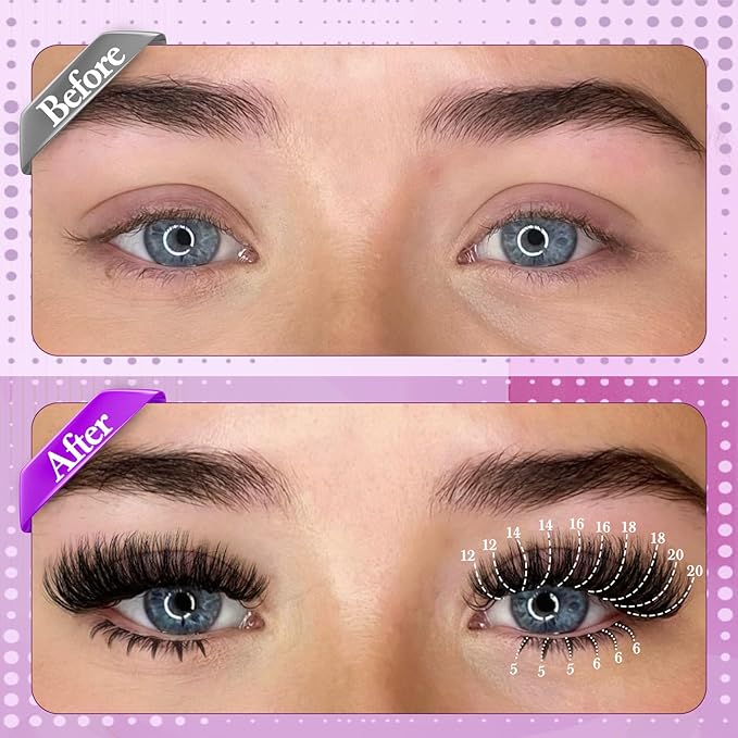 Yawamica Eyelash Extension Kit Wispy Lash Clusters Kit with Bottom Lashes 100D Fluffier Volume Individual Lashes 12-20mm Eyelash Clusters with 5-6mm Bottom Lashes with Bond and Seal and Lash Tweezers